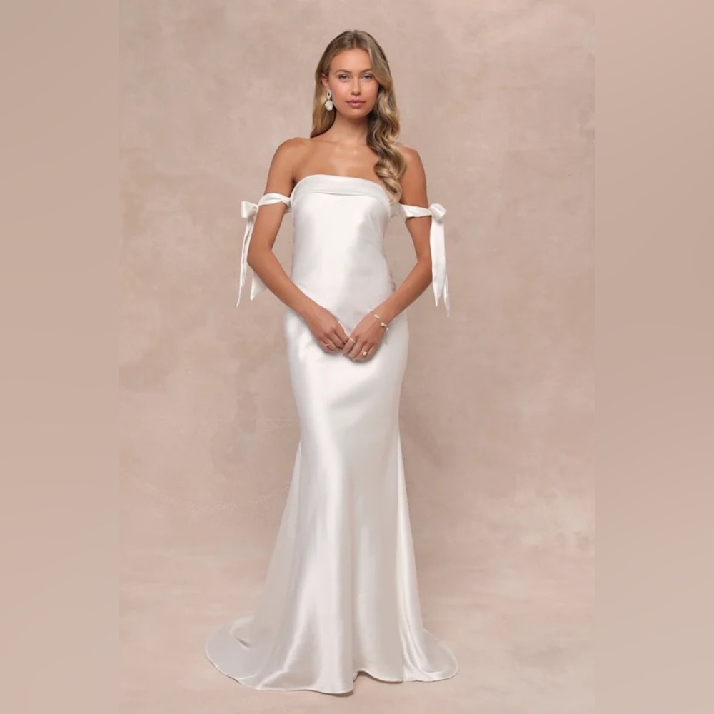 Lulus Eternally Loved White Cutout Satin Off-the-Shoulder Maxi Dress LARGE NEW - Picture 2 of 7